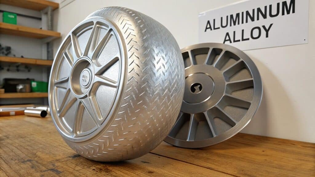 alt with keywords: comparison of equal-sized cubes of aluminum, steel, and copper, with aluminum being visibly larger due to lower density for same weight, or lighter for same volume